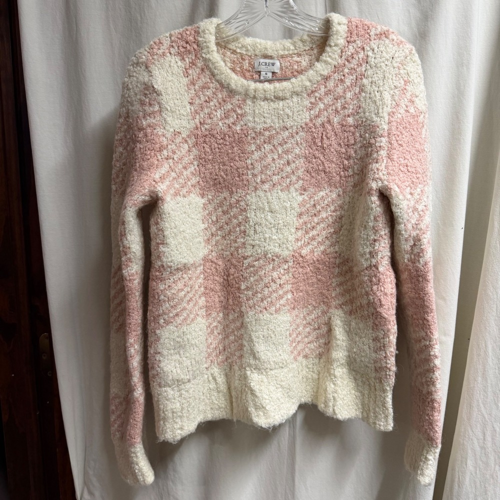 J.Crew Pink Cream Buffalo Check Boucle Wool Alpaca Blend Sweater S